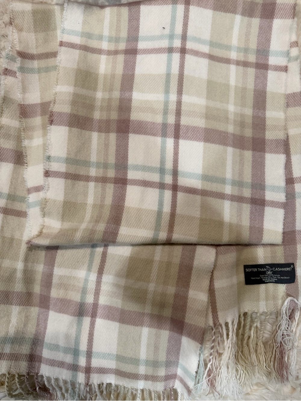 D&Y Cream Plaid Scarf with Taupe & Pale Pink Stripes